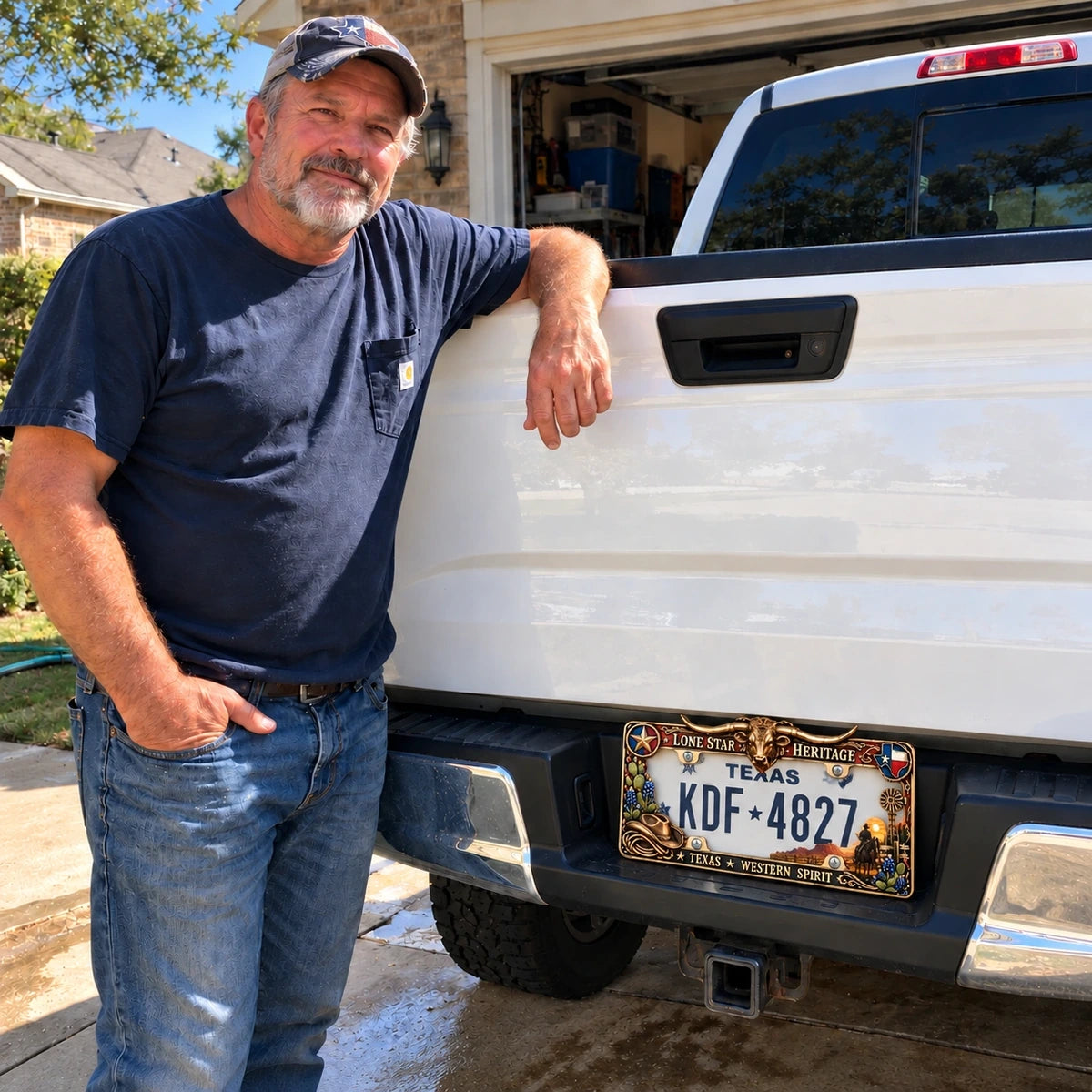 Pickup owner standing beside Ford truck displaying Longhorn frame
