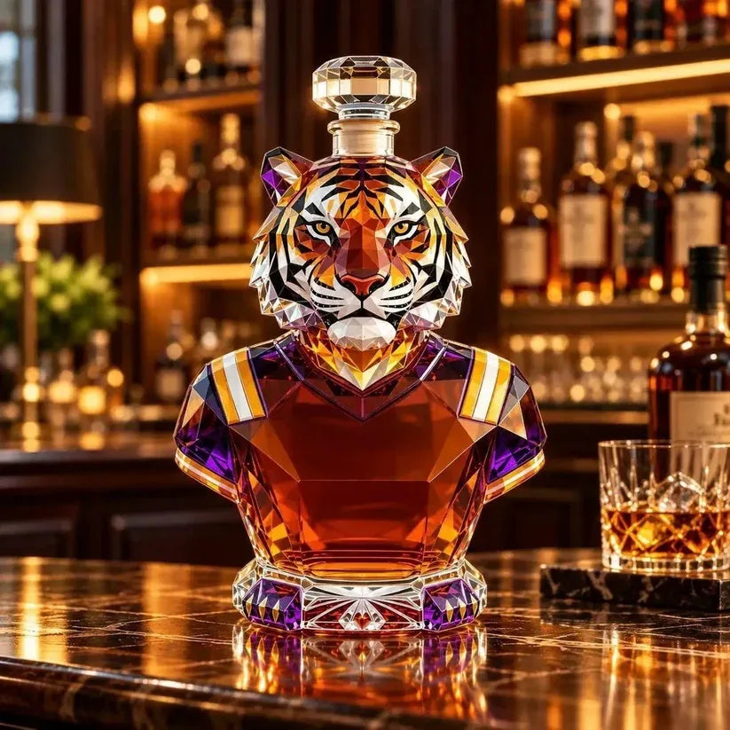 Front view of geometric tiger-shaped glass decanter