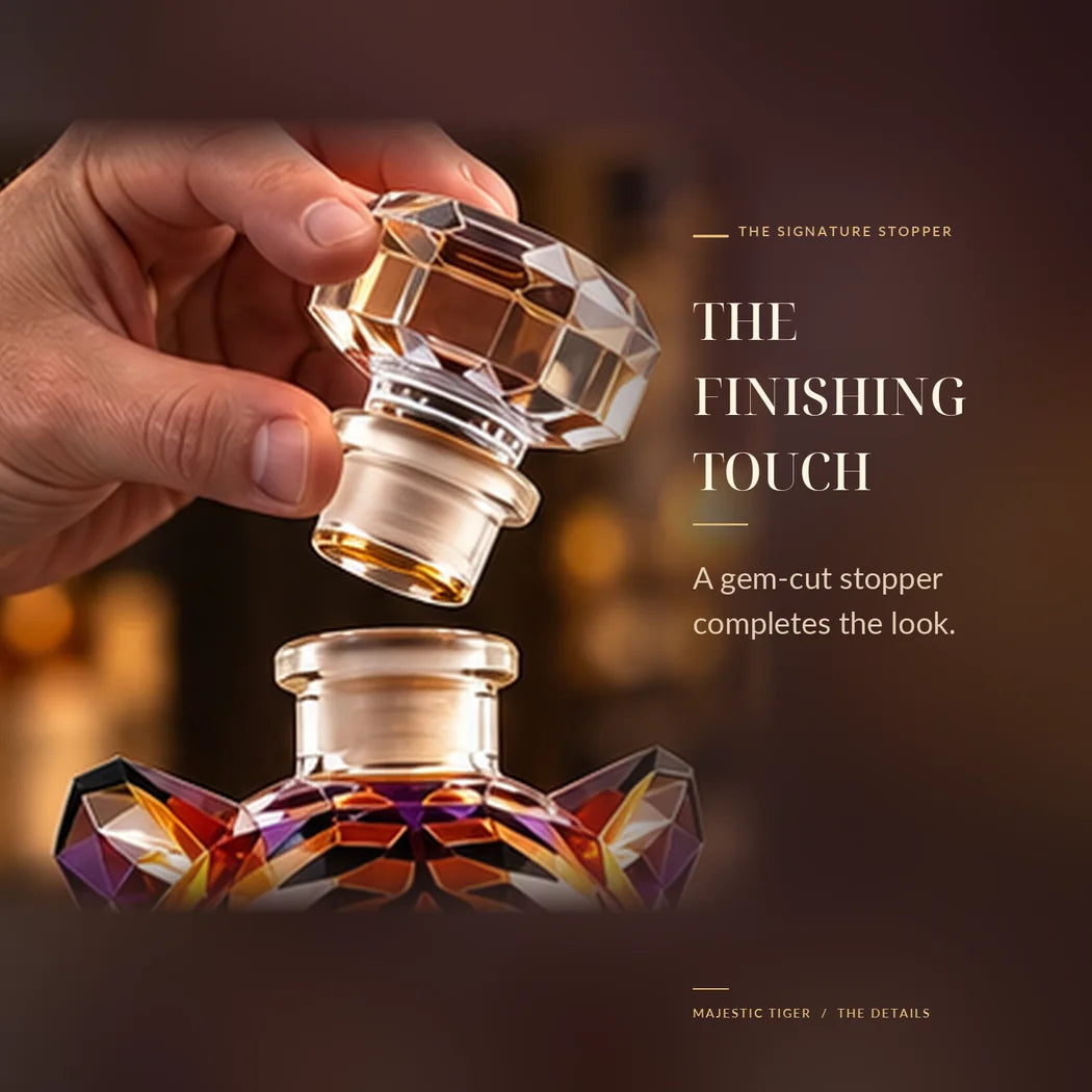 Faceted clear decanter stopper lifted above the bottle opening