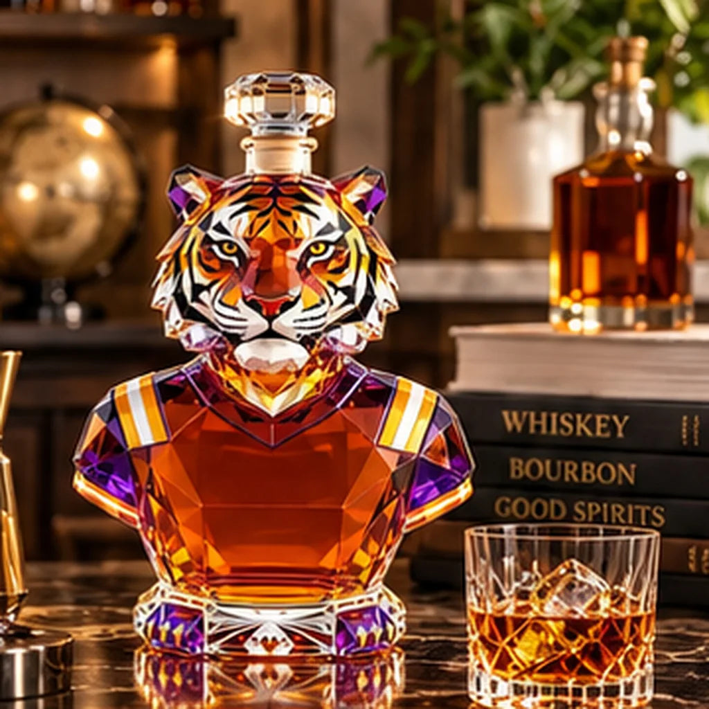 Tiger decanter beside a whiskey glass in a home bar