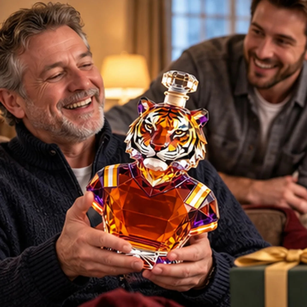 A man receiving a tiger decanter as a present