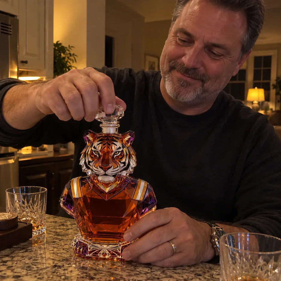 Man holding a tiger decanter at home
