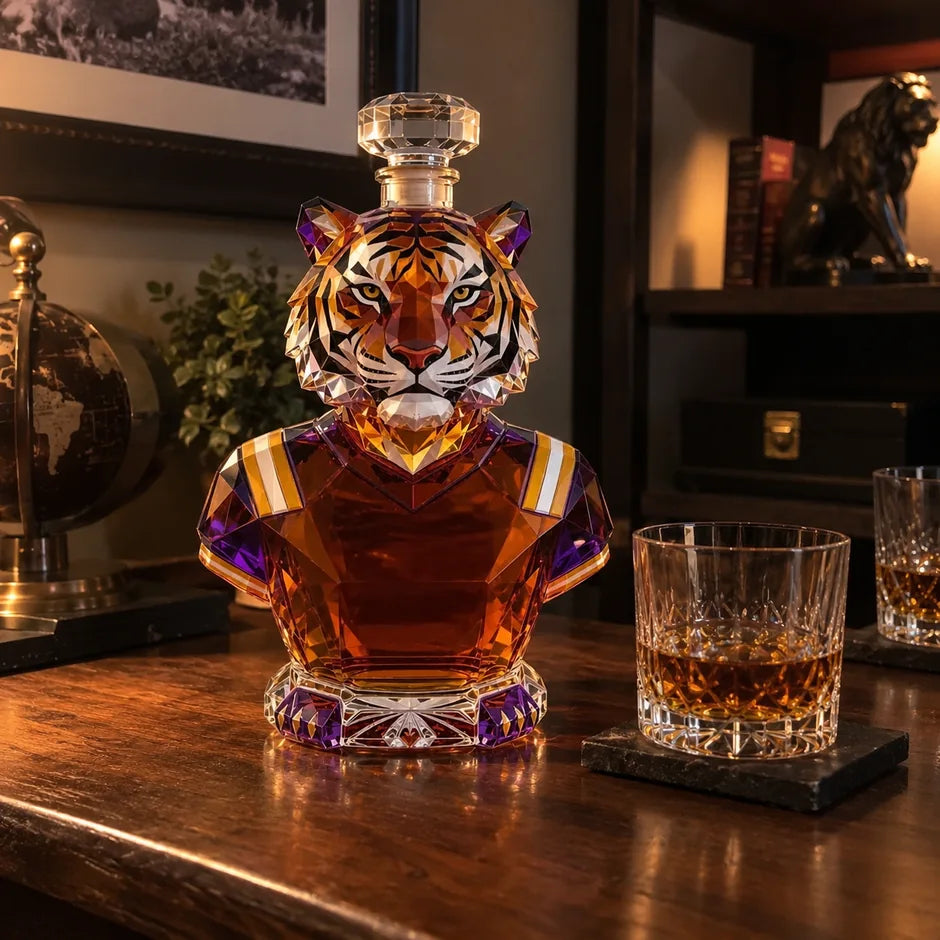 Tiger decanter and whiskey on wooden shelf