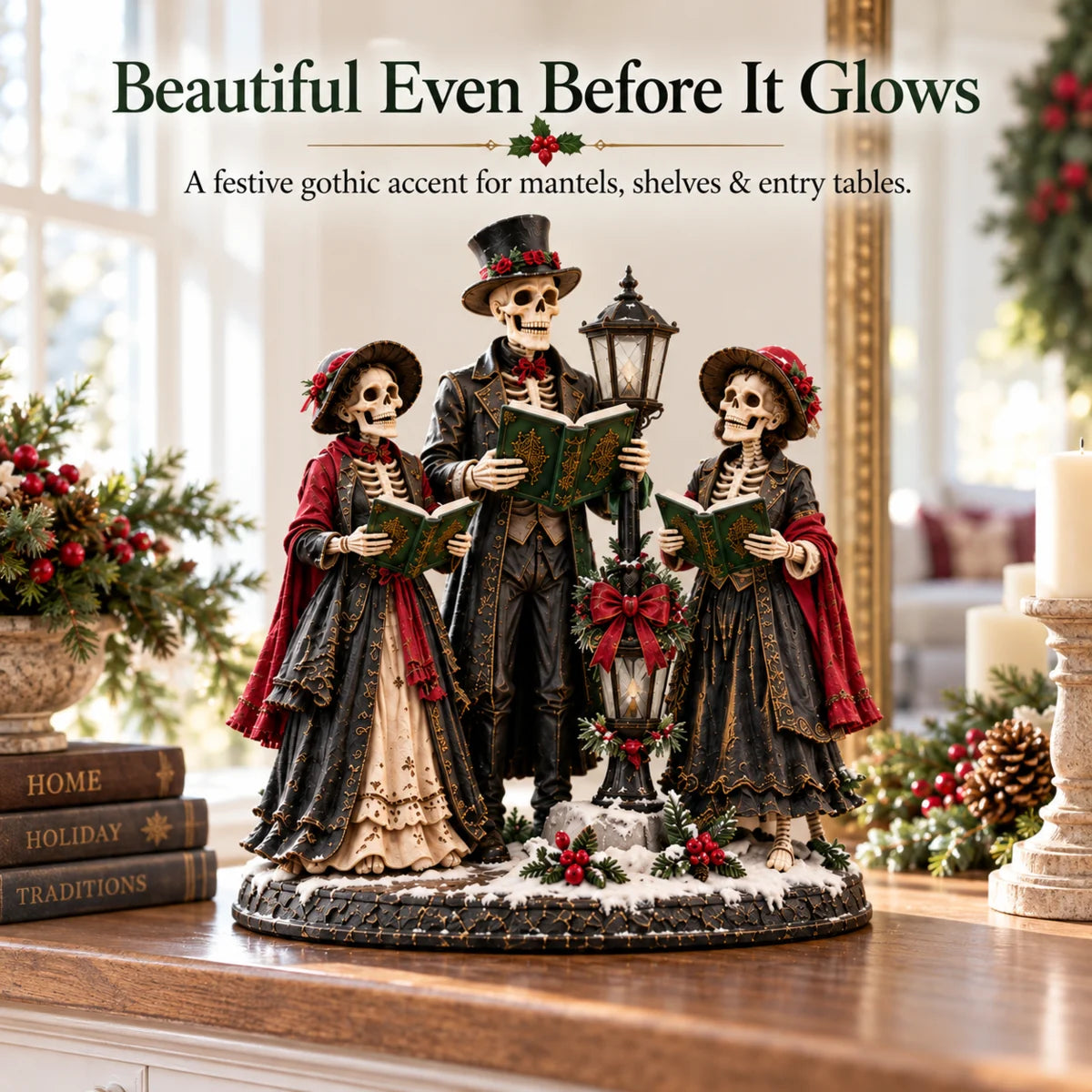 Gothic Christmas figurines displayed during the day