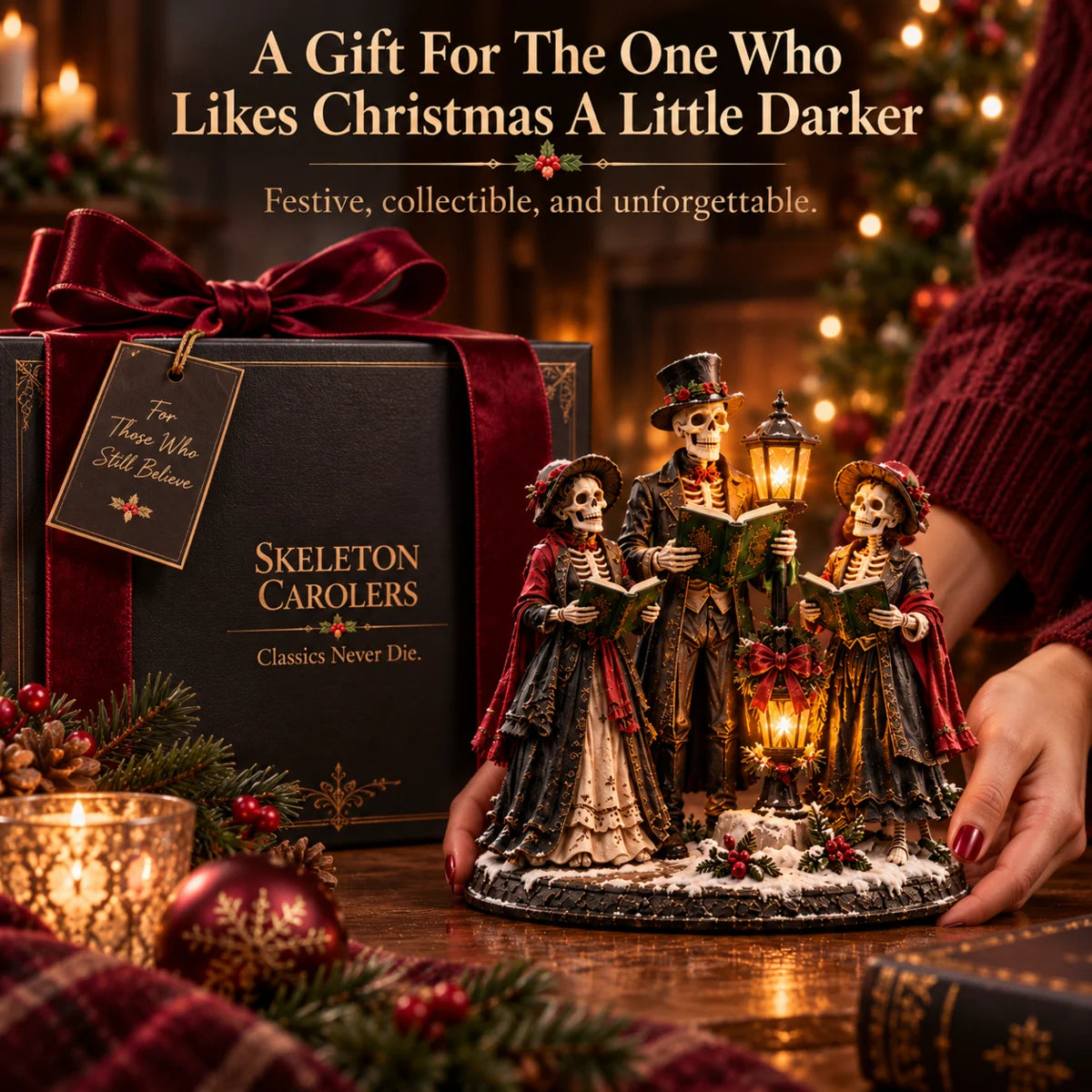 Gothic Christmas figurine gift presentation