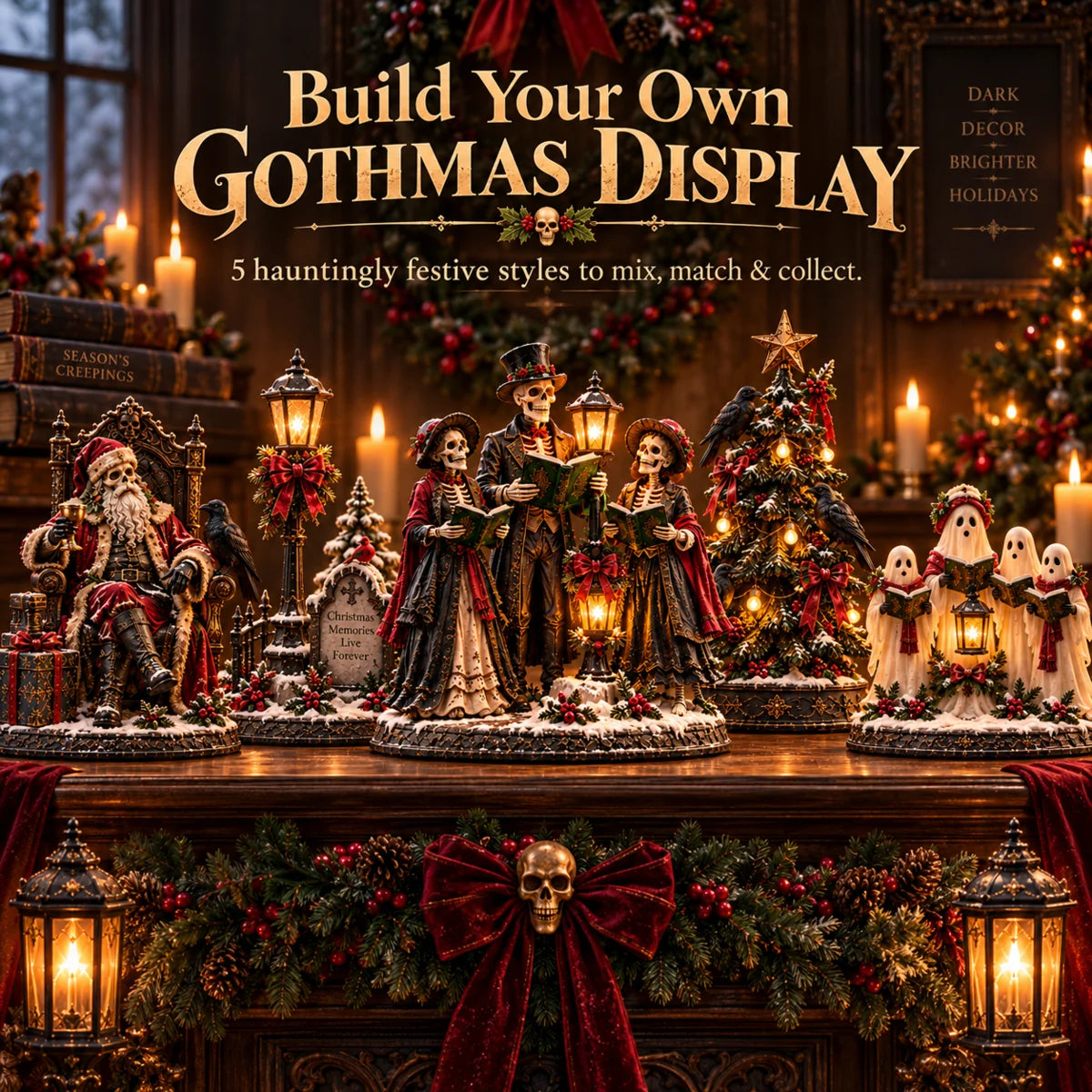 🎄💀 Midnight Carol Gothic Christmas Figurines – 5 Lighted Spooky Holiday Display Styles 👻🕯️