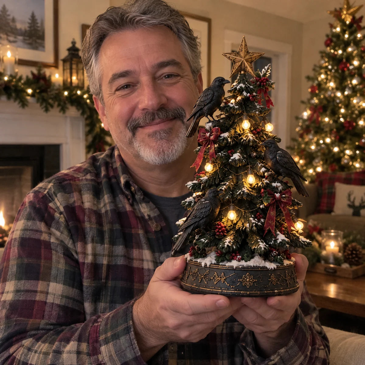Raven Christmas Tree figurine held in a home setting