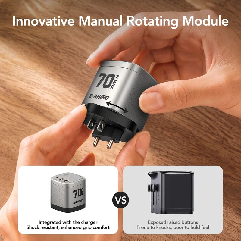 🛡️Global Travel Charger (70W, 3-Port, GaN, Integrated Rotary Plug)