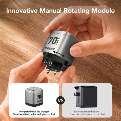🛡️Global Travel Charger (70W, 3-Port, GaN, Integrated Rotary Plug)