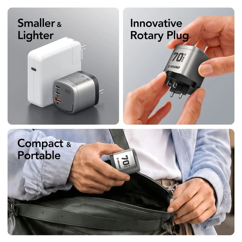 🛡️Global Travel Charger (70W, 3-Port, GaN, Integrated Rotary Plug)