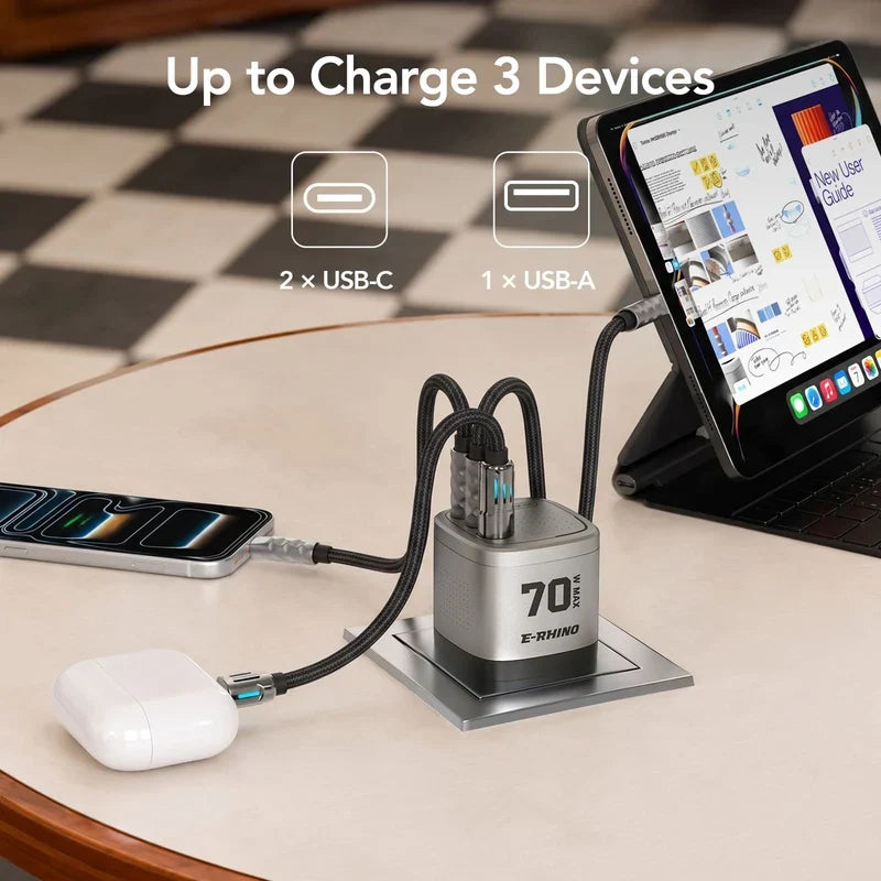 🛡️Global Travel Charger (70W, 3-Port, GaN, Integrated Rotary Plug)