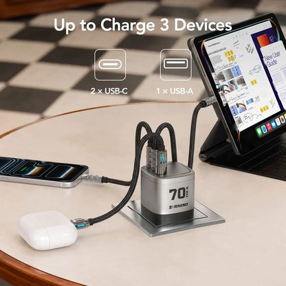 🛡️Global Travel Charger (70W, 3-Port, GaN, Integrated Rotary Plug)