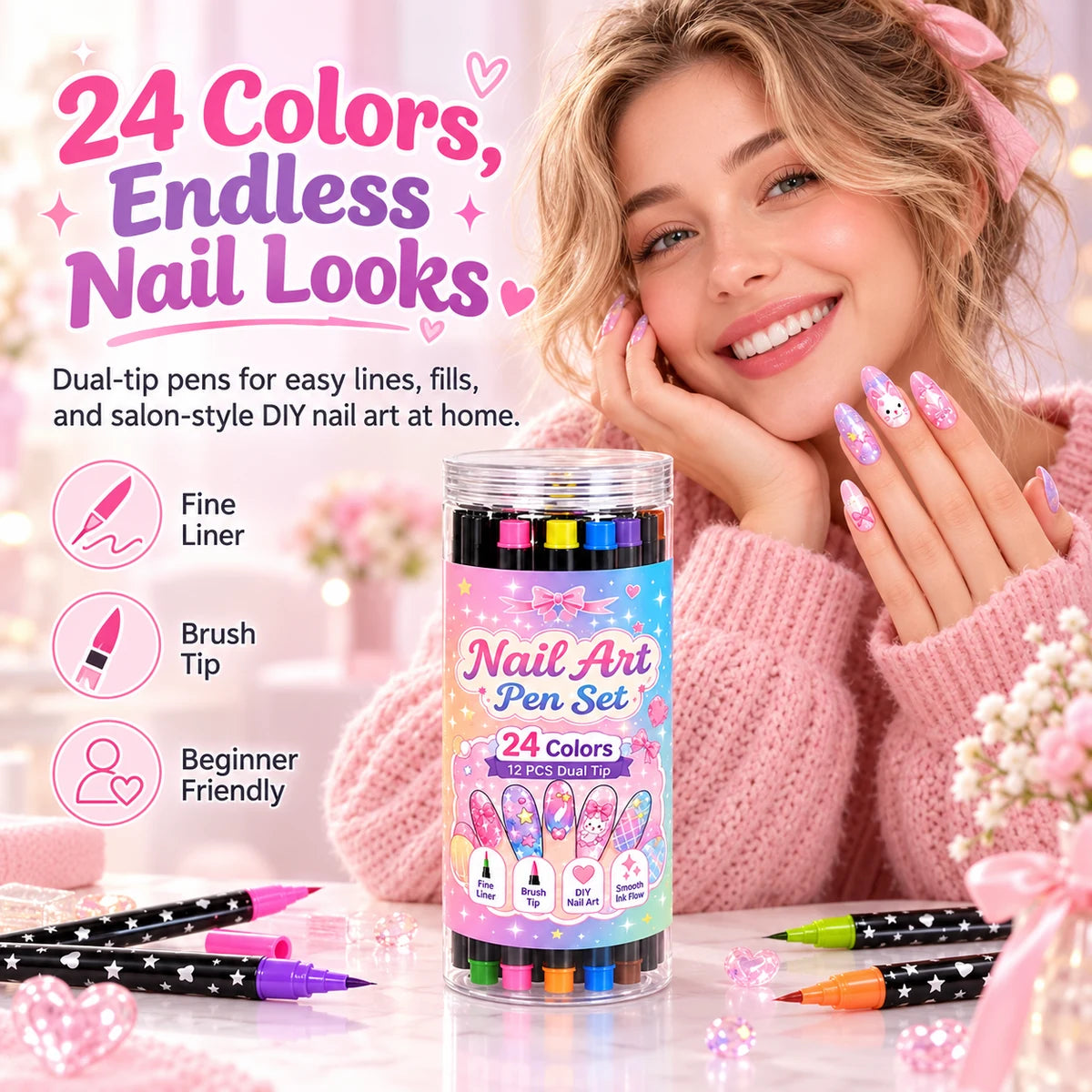 Colorful dual-tip nail art pen set with finished pastel manicure