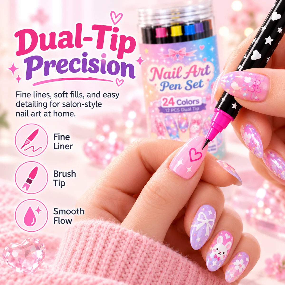 Fine liner tip adding a heart-shaped detail to pink nail polish