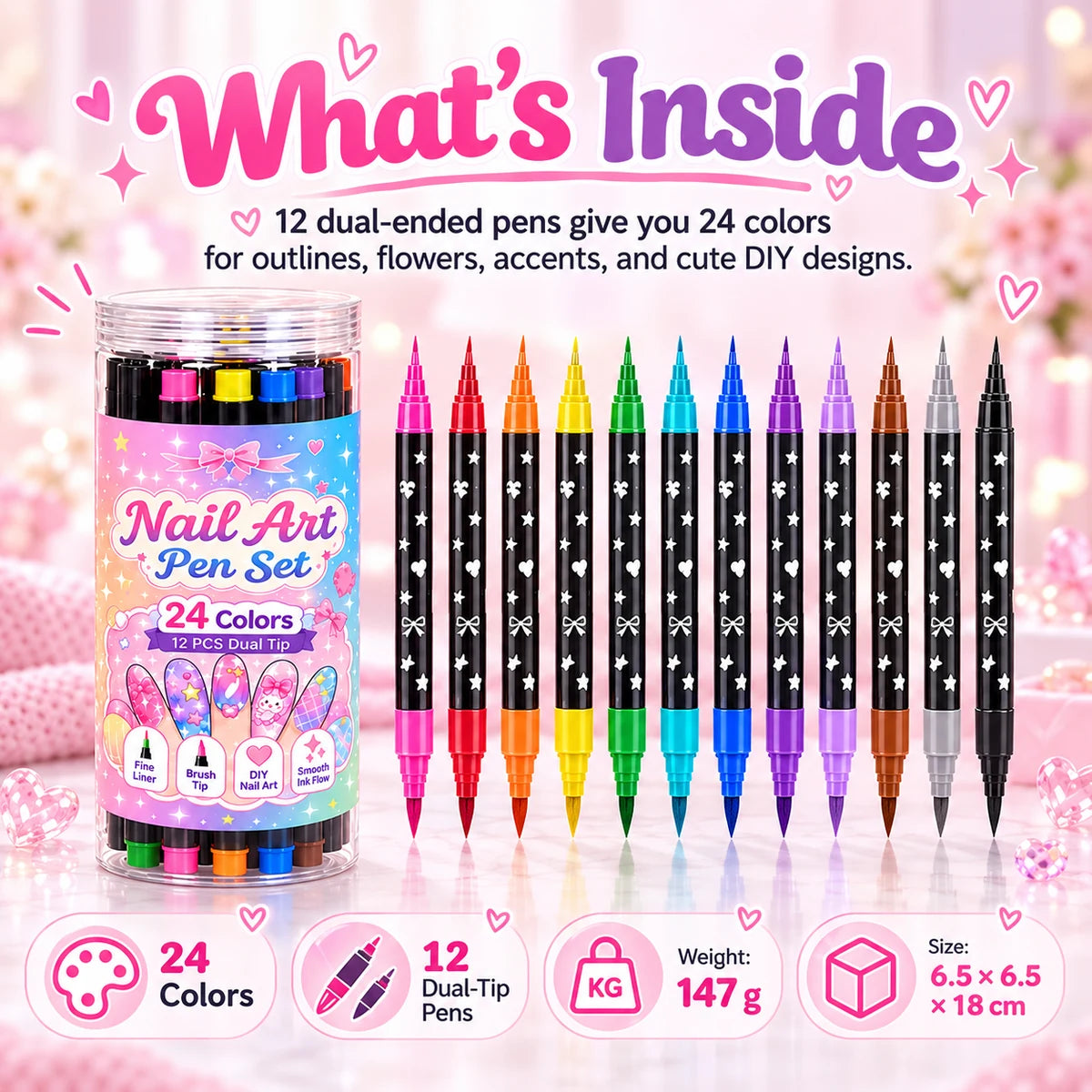 Complete 24-color nail art set with 12 dual-ended drawing pens