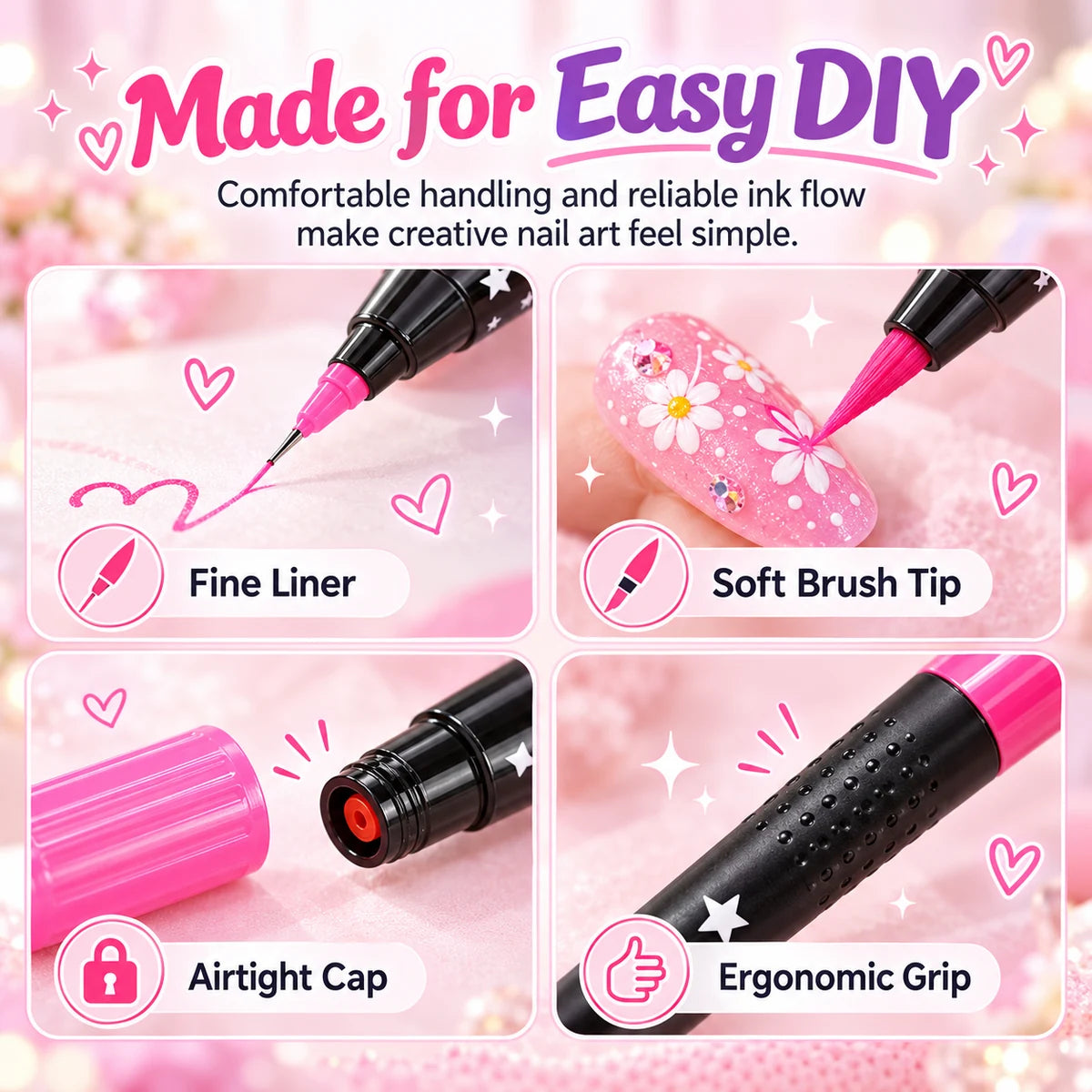 Nail art pen details showing fine liner, brush tip, cap and grip