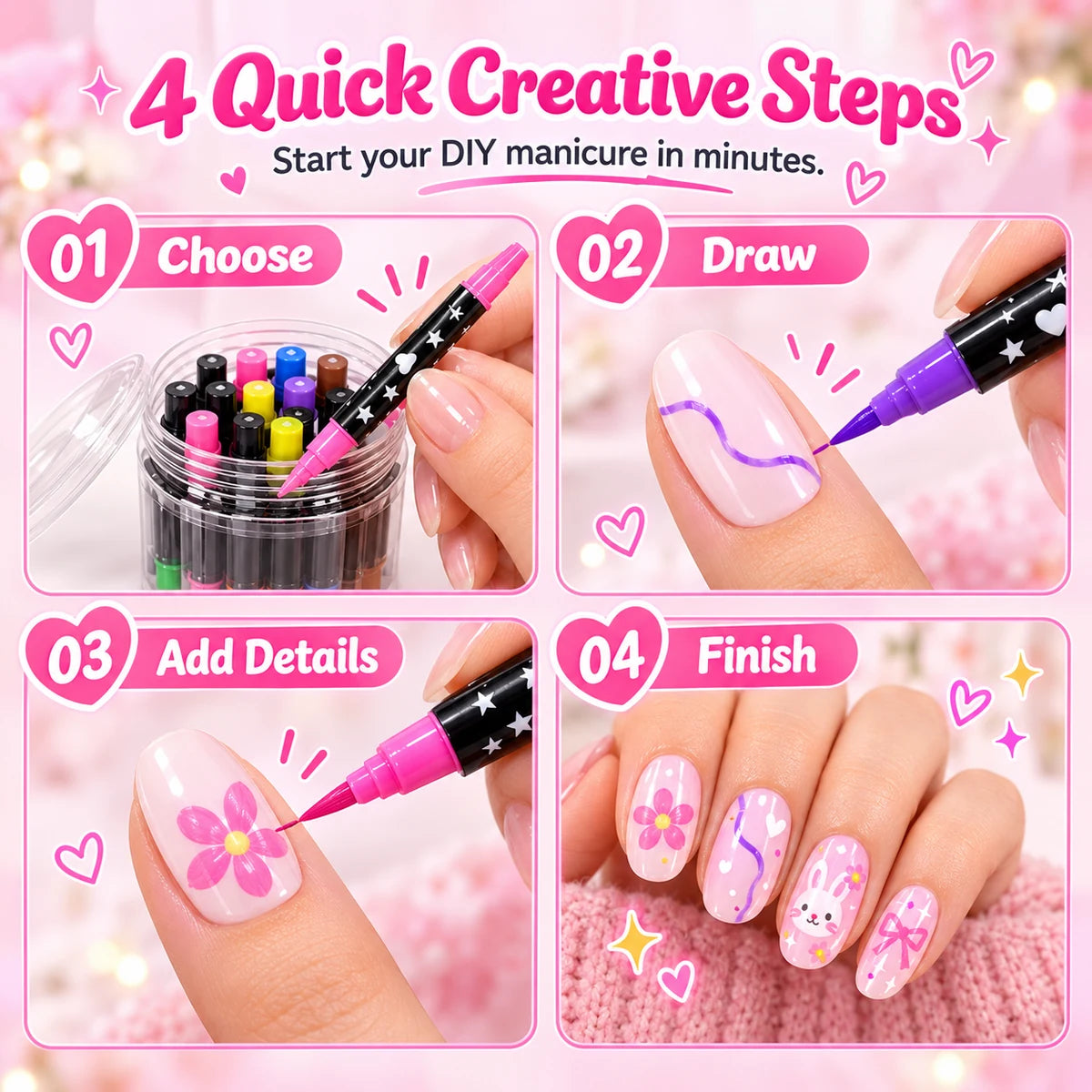 Four easy steps for drawing nail art with dual-tip pens