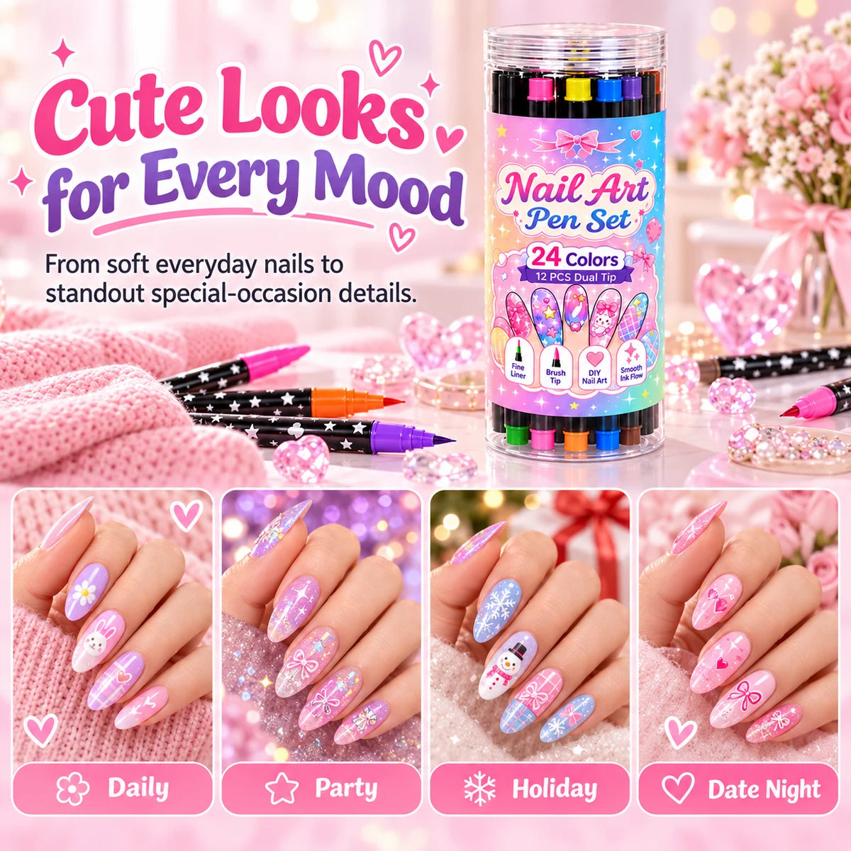 Four different pastel manicure ideas for everyday, party, holiday and date-night looks