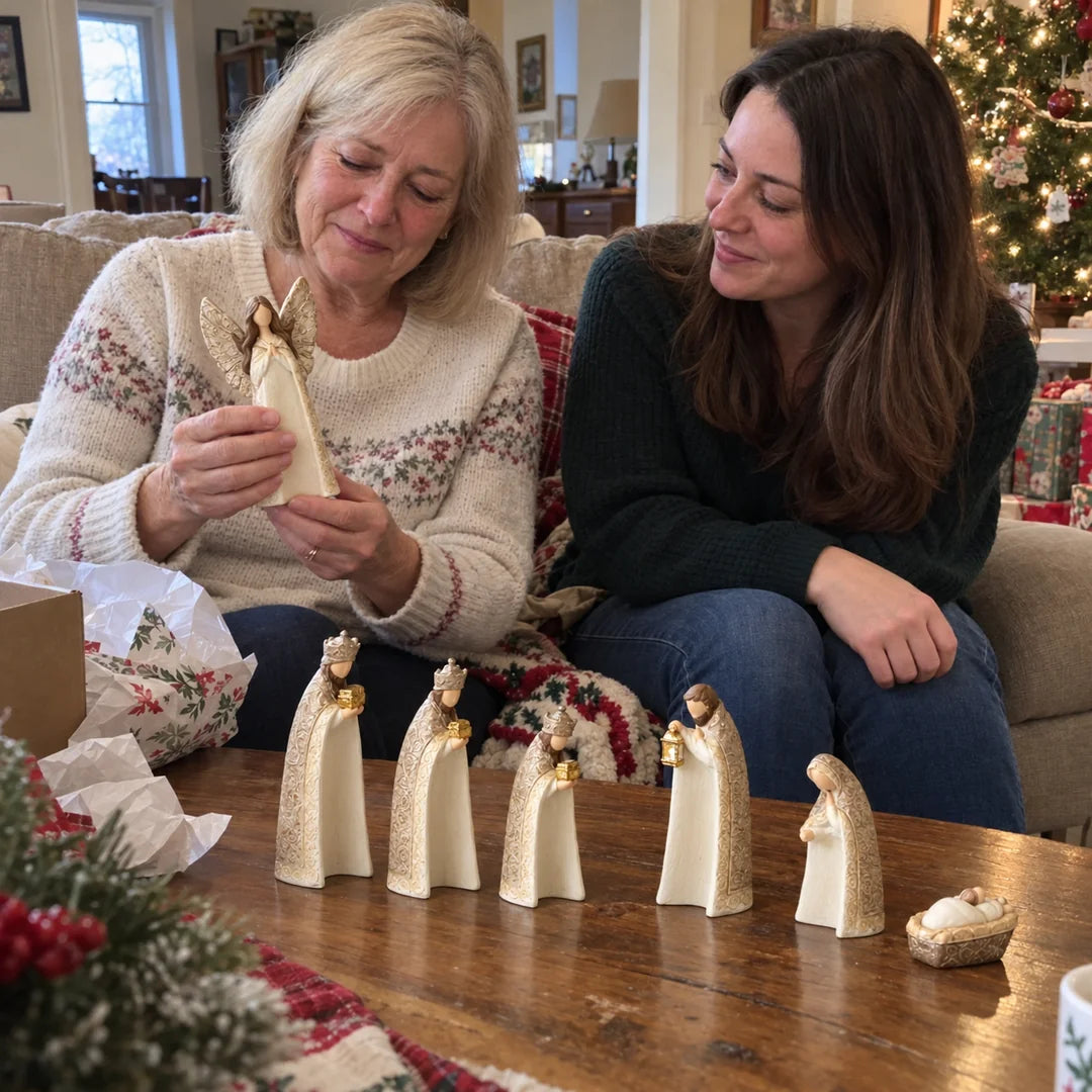 Mother and daughter share a Nativity figure as a Christmas gift