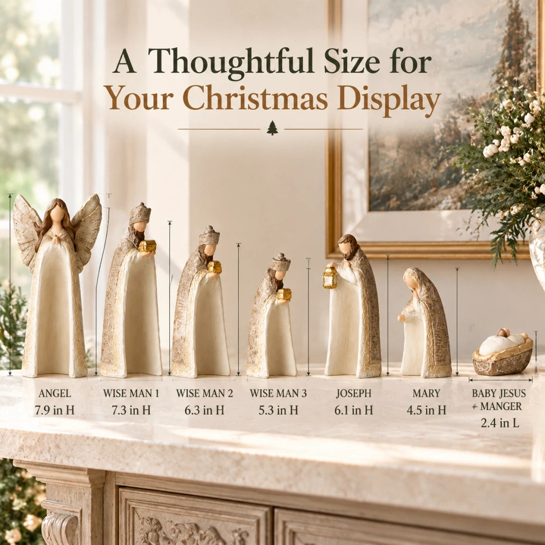 Size chart for the seven Nativity figures with height measurements in inches