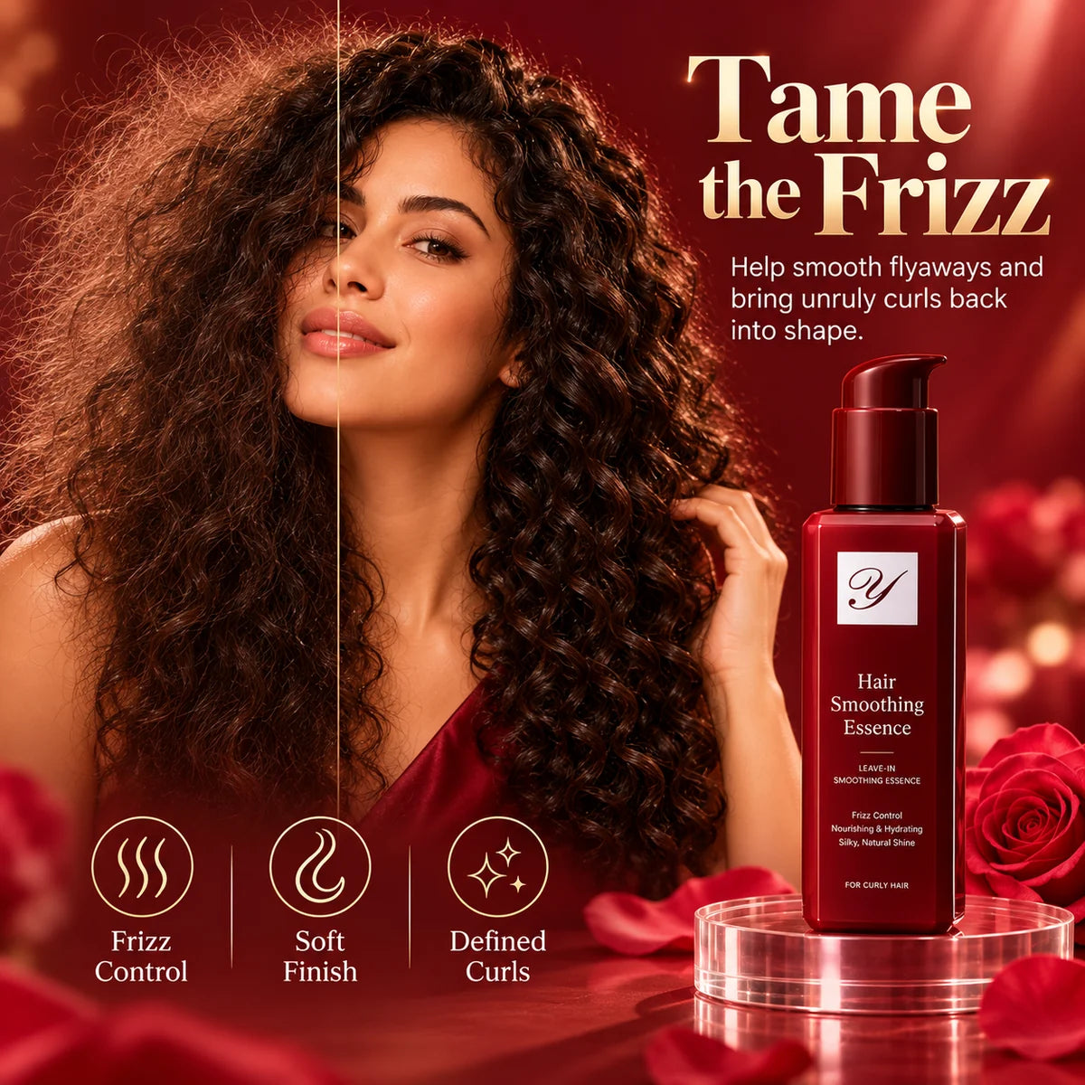 Curly hair styled with frizz-control leave-in conditioner