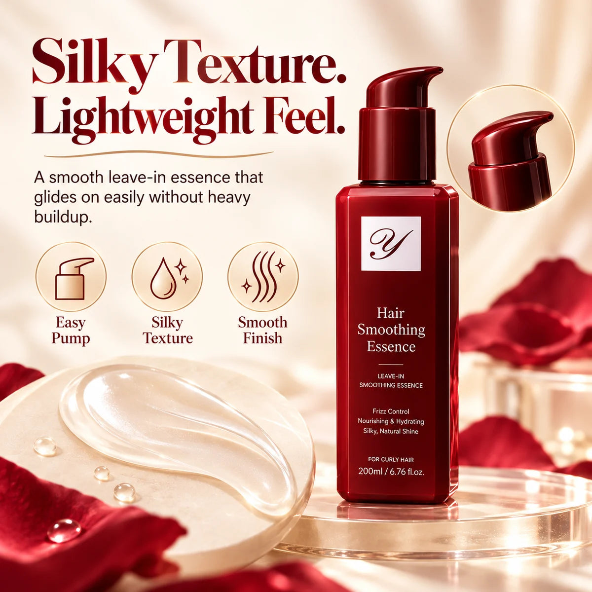 Close-up of the red conditioner pump bottle and silky emulsion texture