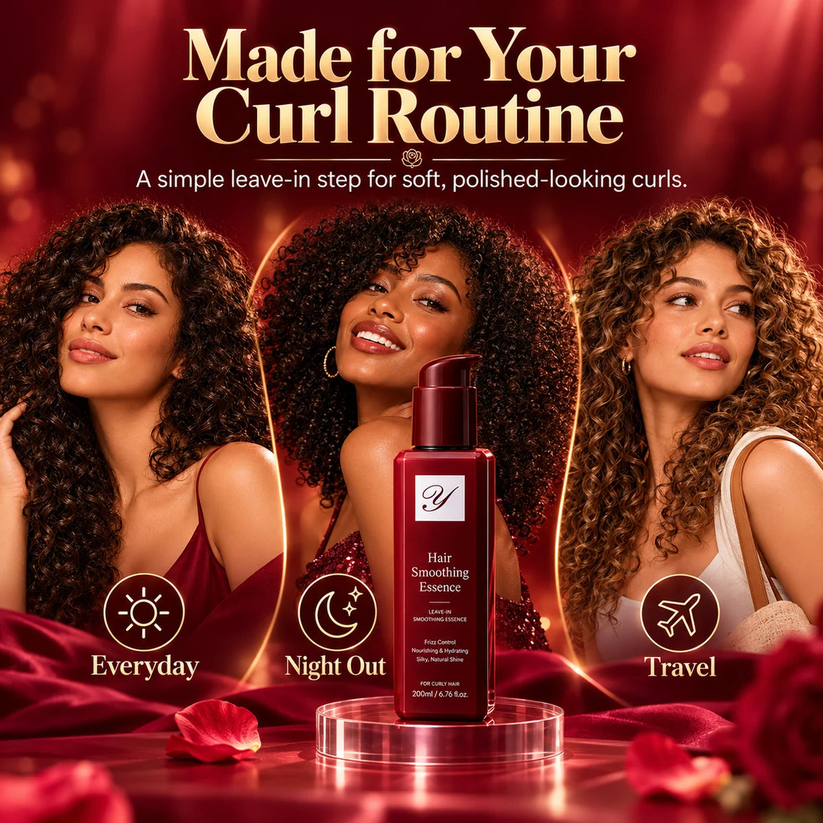 Three lifestyle looks featuring different curly hairstyles and the leave-in product
