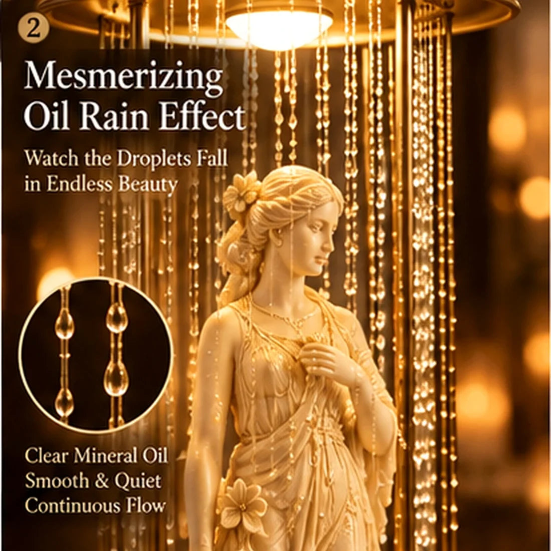 Close up illustration showing descending mineral oil droplets in warm light