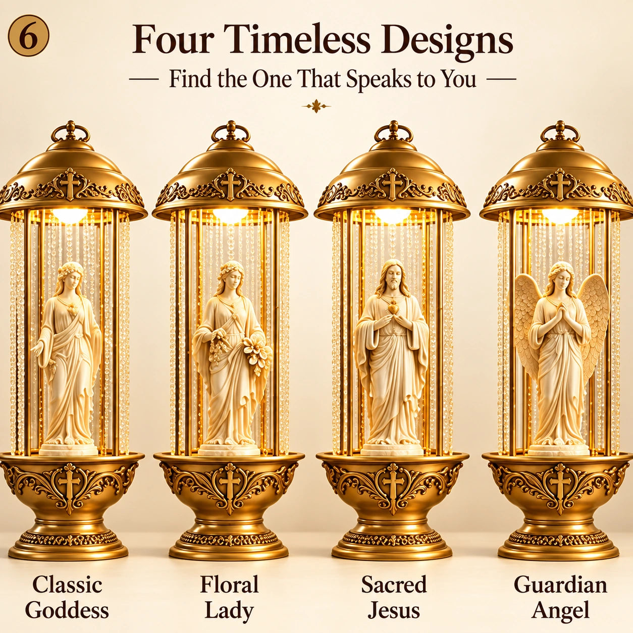 Four oil rain lamp styles: Classic Goddess Floral Lady Sacred Jesus and Guardian Angel