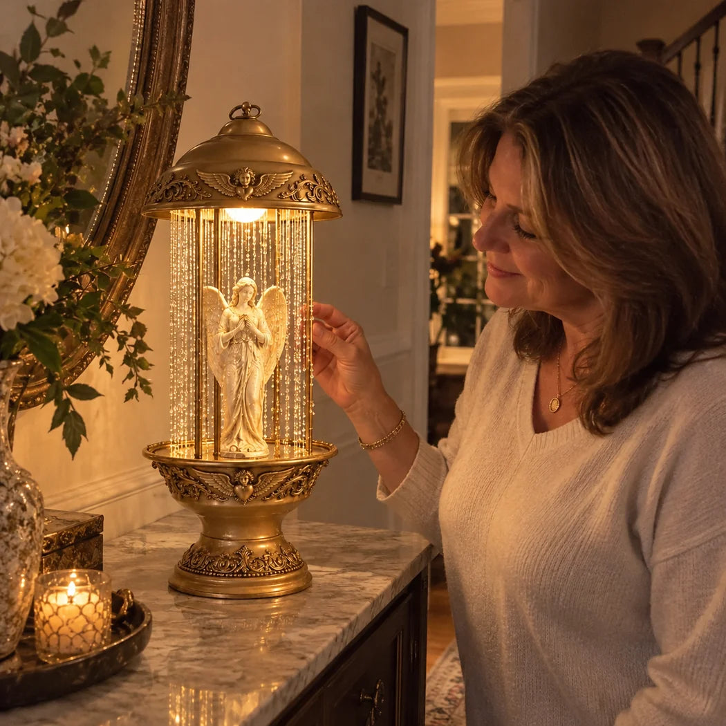 Lifestyle image with woman standing beside lamp