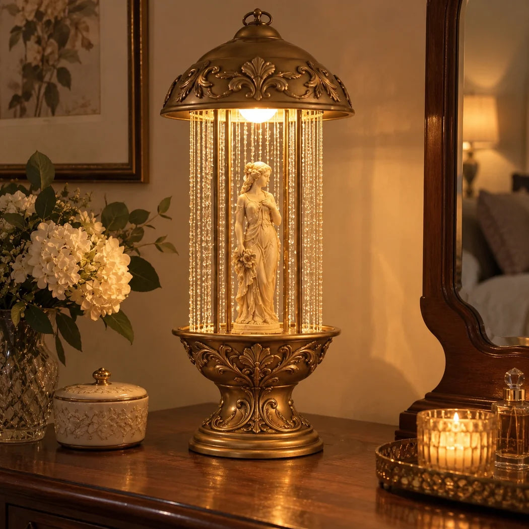 Lifestyle image of lamp on console beside flowers