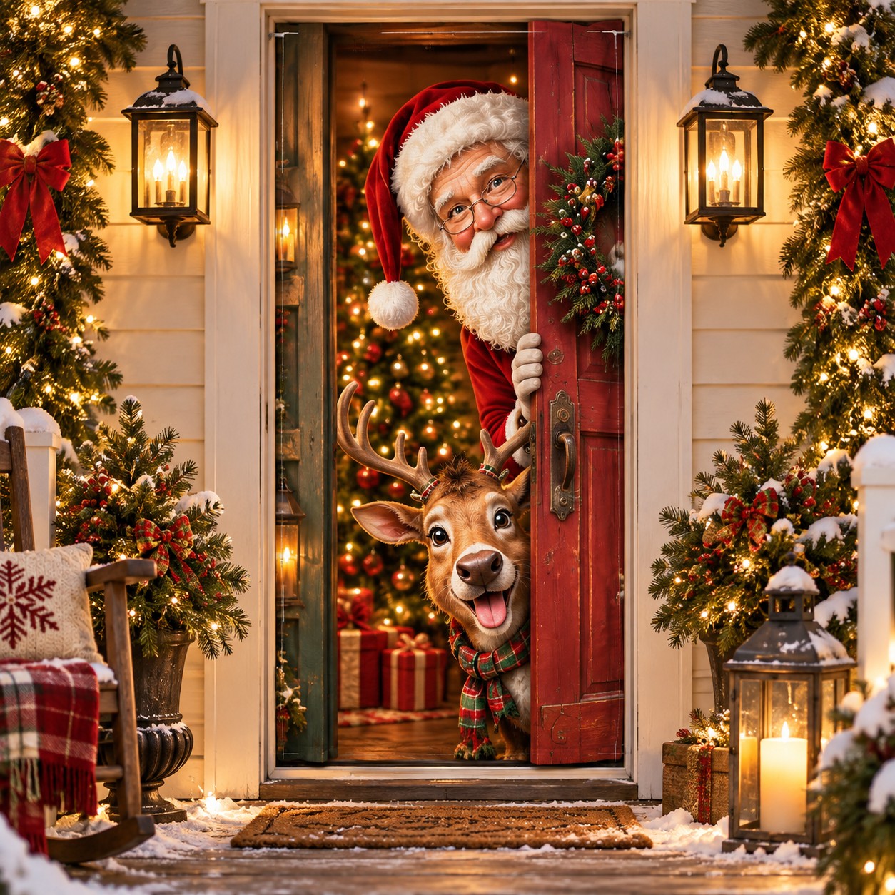 Santa and reindeer Christmas door curtain