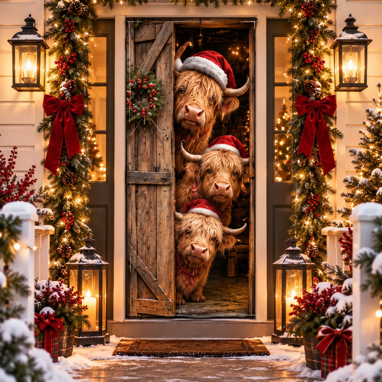 Peekaboo Christmas Door Curtain with highland cow design