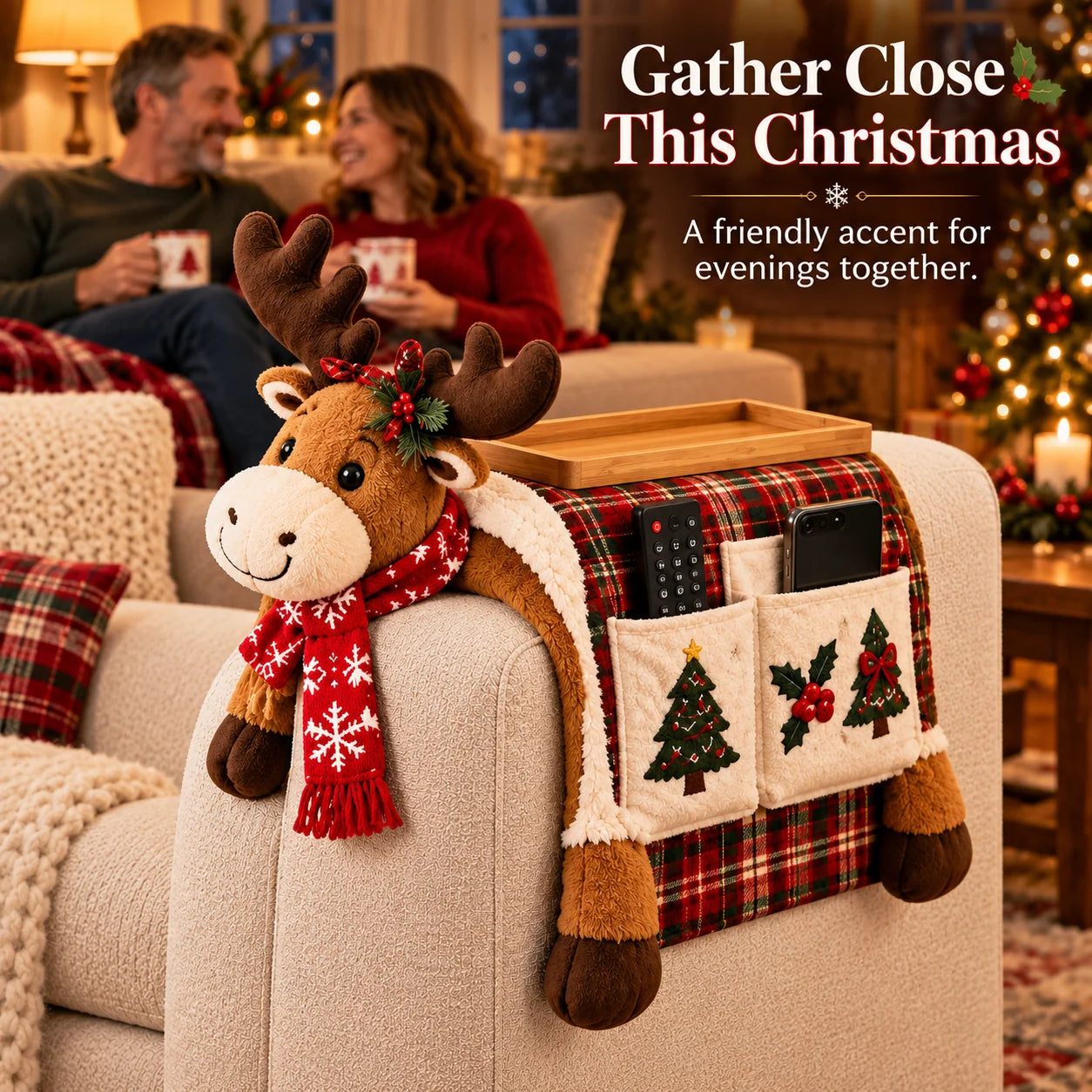 Gather Close This Christmas - reindeer sofa arm organizer