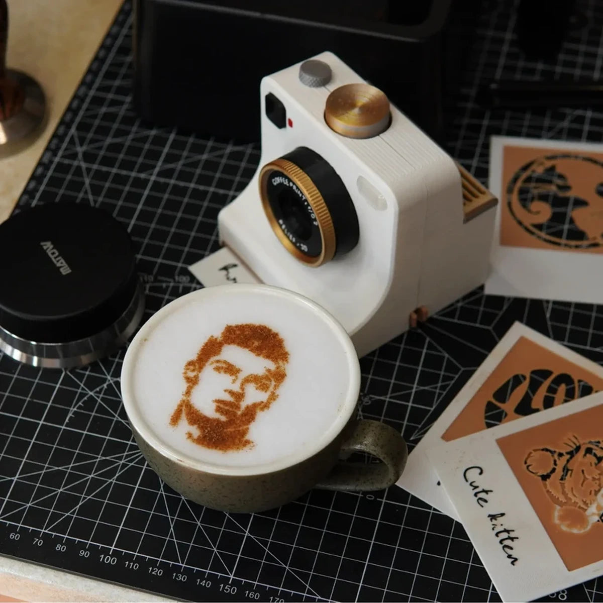 Retro coffee printer on worktable
