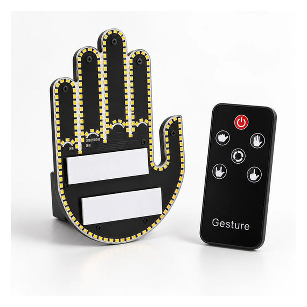 Black hand-shaped LED sign shown unlit beside its remote control