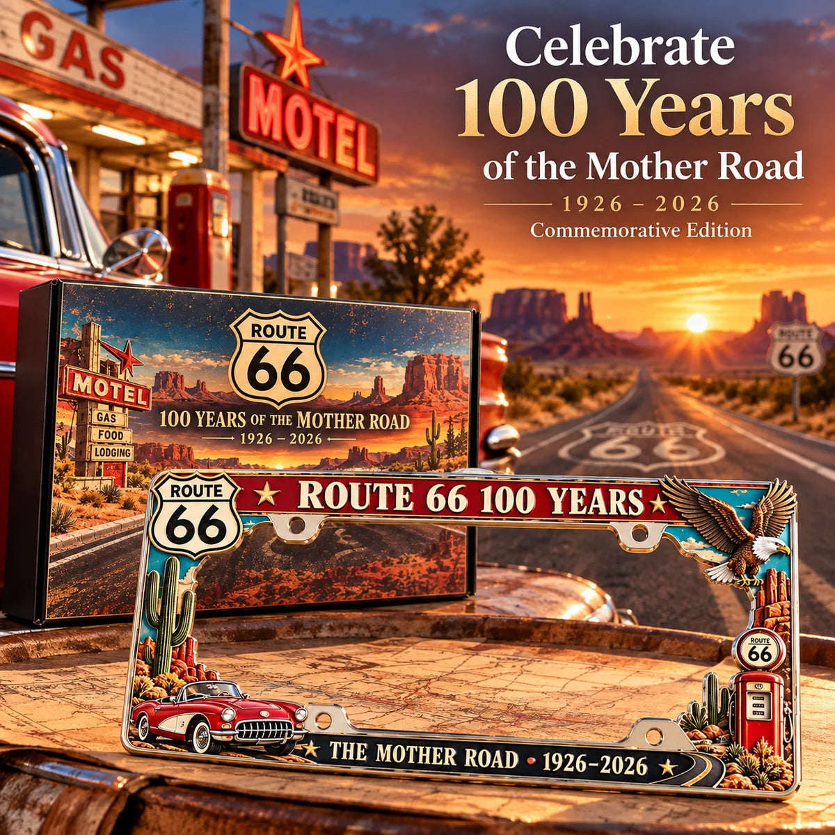 Route 66 centennial license plate frame and commemorative gift presentation in a desert scene
