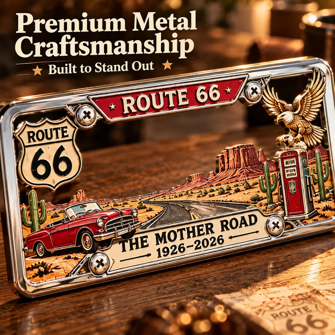 Close-up of Route 66 frame with metal finish, eagle, cactus, classic car and commemorative lettering