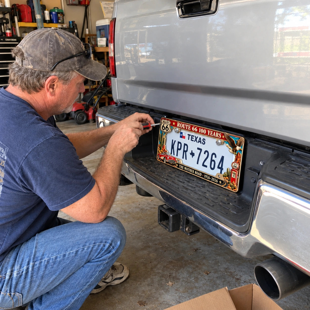 Person installing the Route 66 commemorative frame on a pickup rear plate
