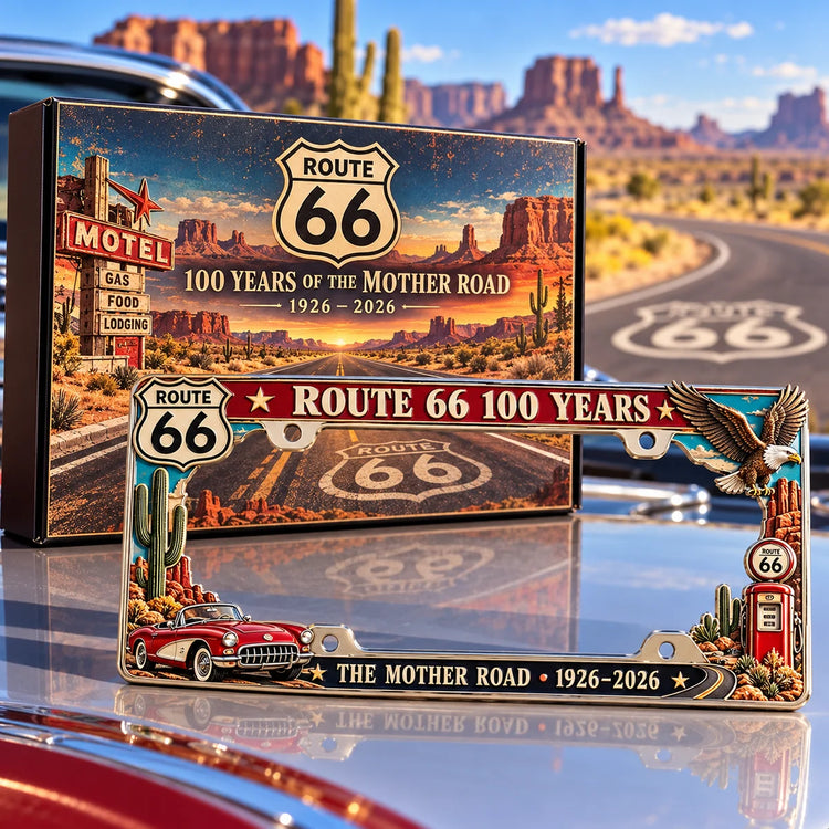 Route 66 centennial metal frame beside an illustrated commemorative presentation box