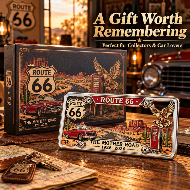 Route 66 vintage collectible display with presentation box and desert background