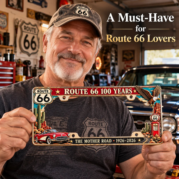 Route 66 centennial metal frame showcased in a nostalgic American garage