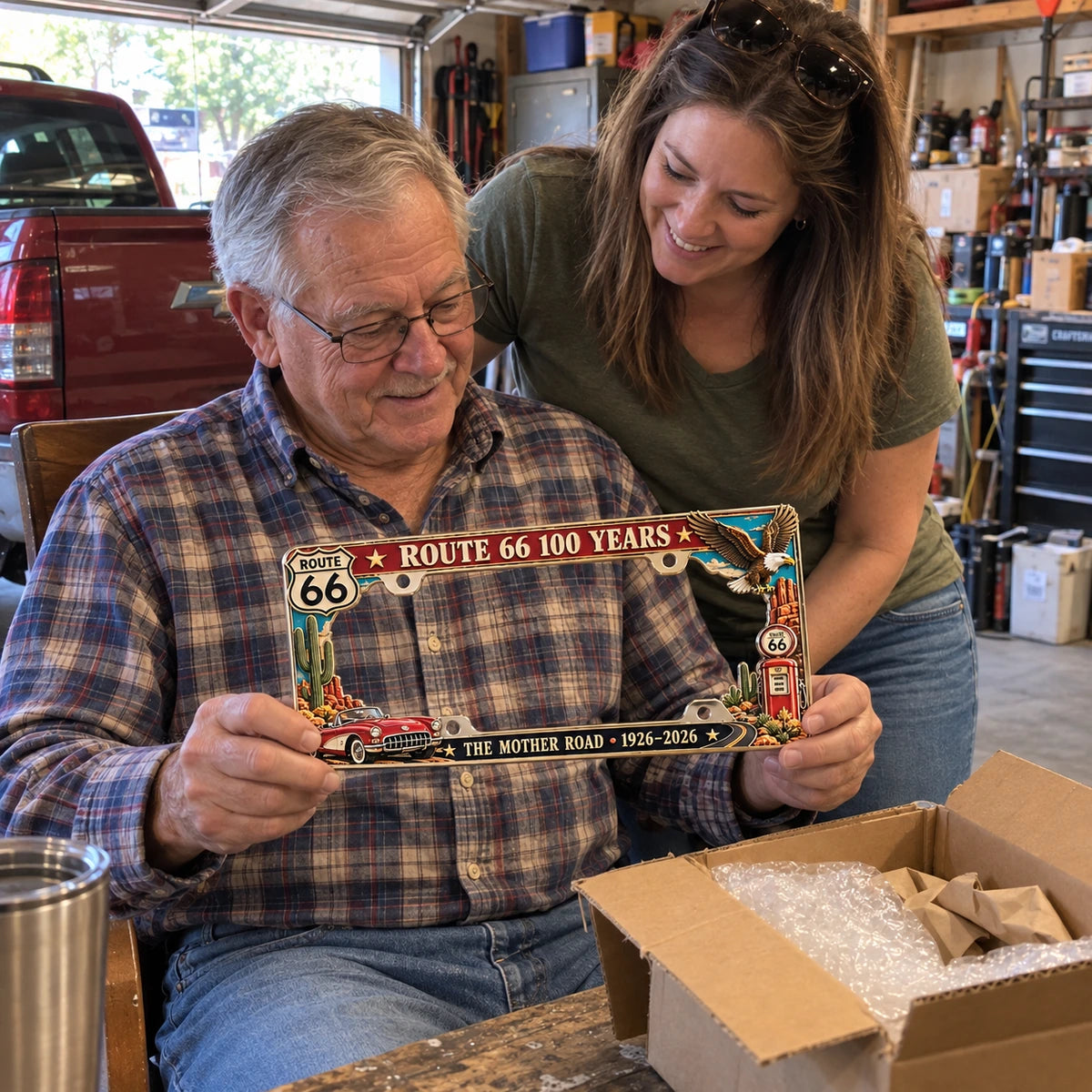 Family unboxing Route 66 centennial license plate frame at home