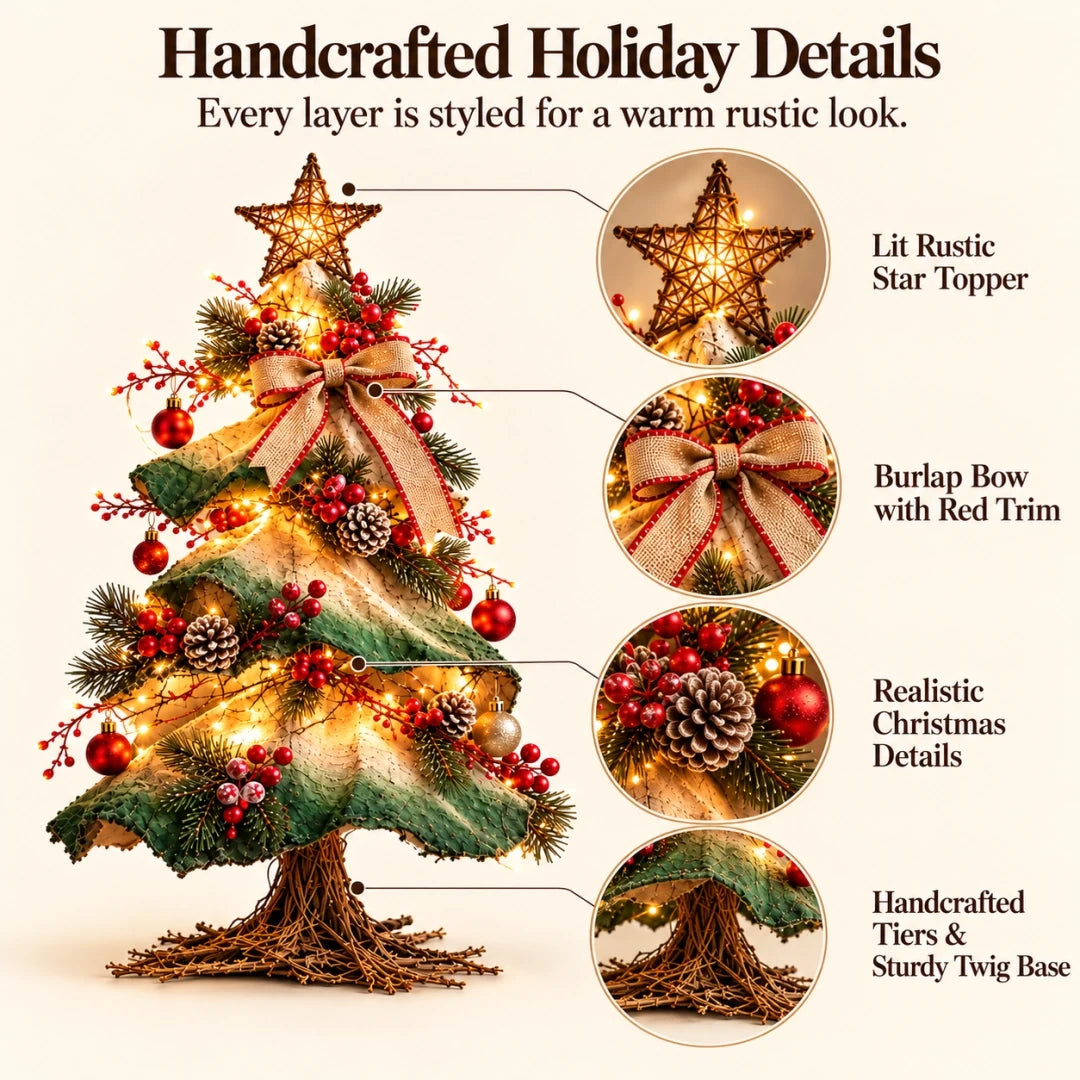 Light-Up Rustic Farmhouse Tabletop Christmas Tree with Remote Control