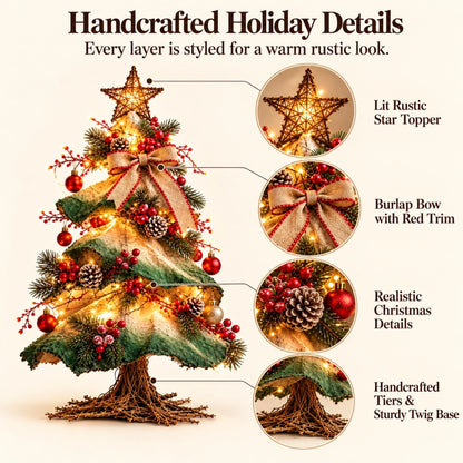 Light-Up Rustic Farmhouse Tabletop Christmas Tree with Remote Control