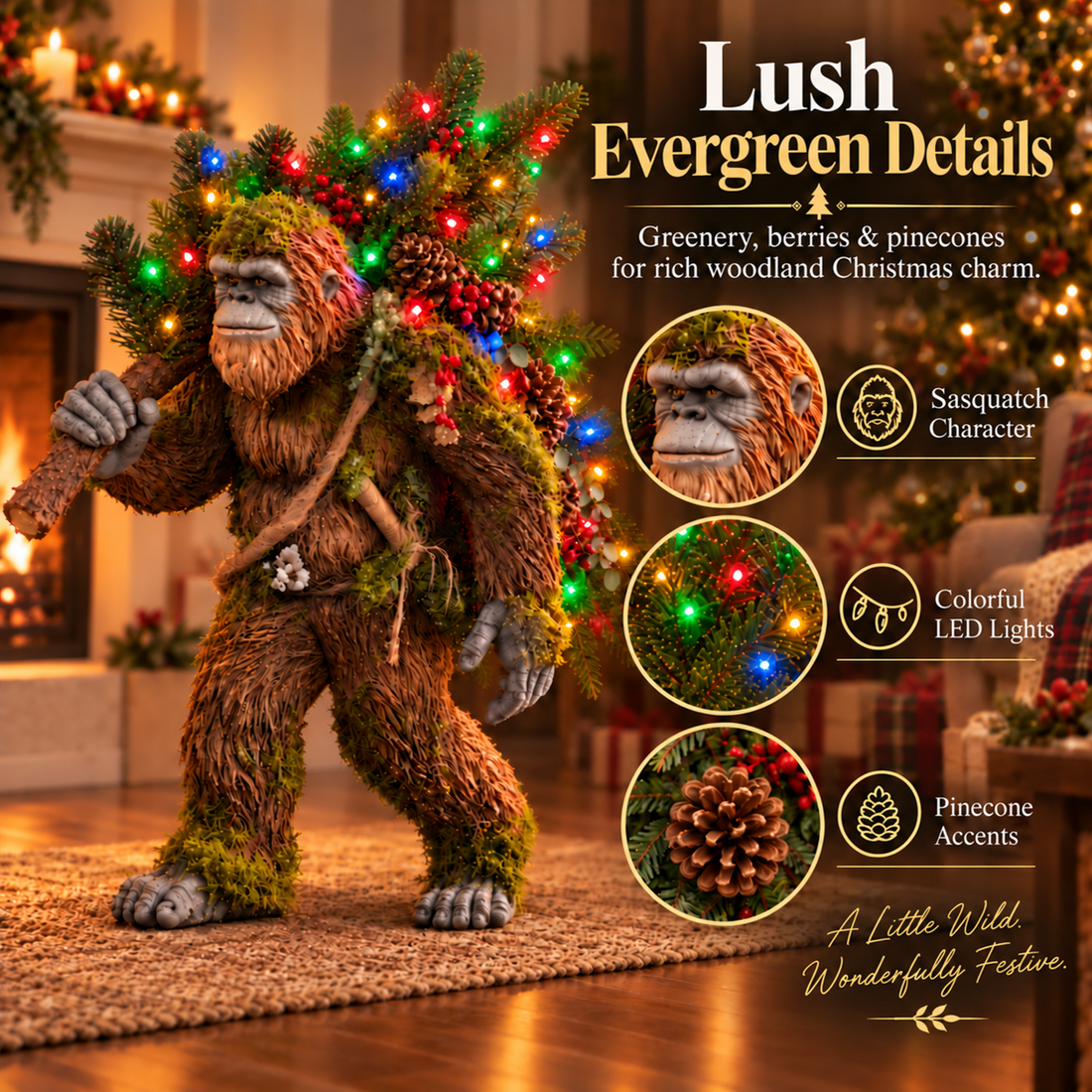 Close-up illustrated product details including Sasquatch, evergreen greenery, pinecones and holiday lights