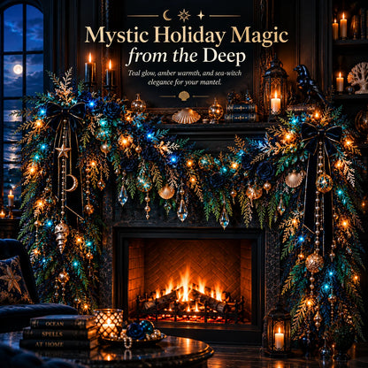 🌊 Dark Ocean Sea Witch Garland – Mystic Teal & Amber Lighted Gothic Coastal Decor