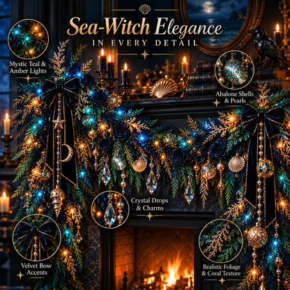 🌊 Dark Ocean Sea Witch Garland – Mystic Teal & Amber Lighted Gothic Coastal Decor