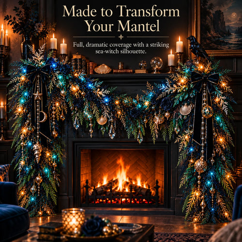 🌊 Dark Ocean Sea Witch Garland – Mystic Teal & Amber Lighted Gothic Coastal Decor