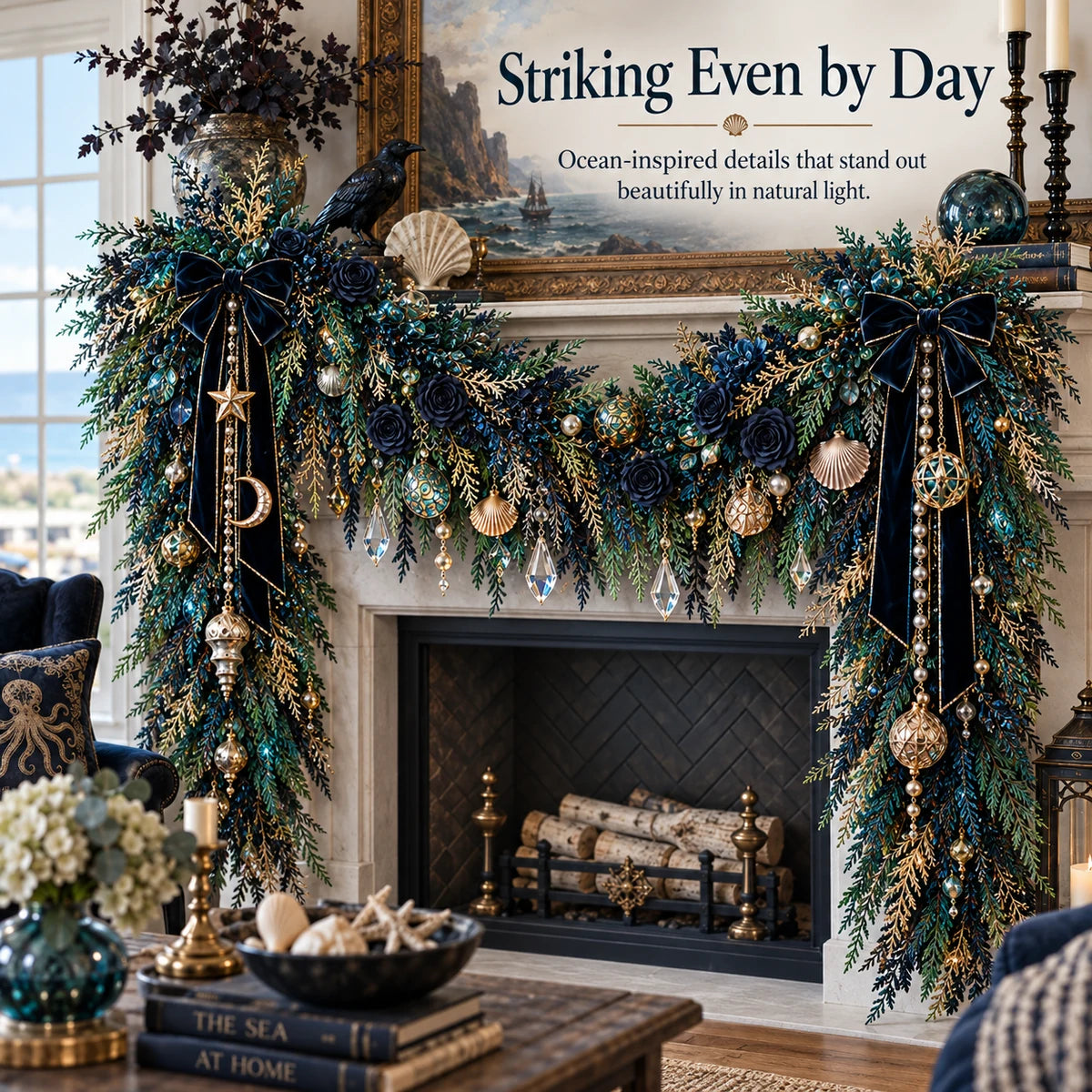 🌊 Dark Ocean Sea Witch Garland – Mystic Teal & Amber Lighted Gothic Coastal Decor